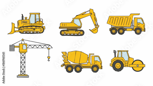 Yellow Heavy Construction Machinery Set.