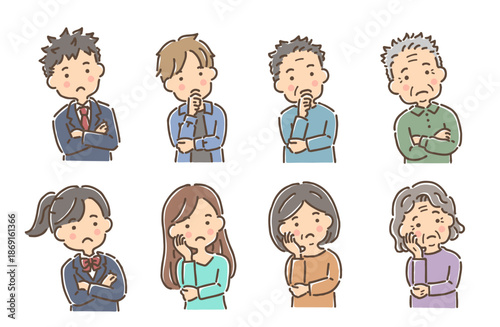 首をかしげて考え事をしている人物／セット