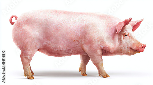 A full body shot of a pink pig with all four legs visible. It has a curled tail and small ears.