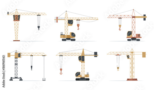Flat vector construction crane collection with tower mobile and gantry cranes