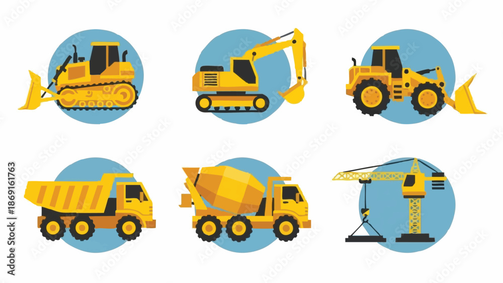 Fototapeta premium Yellow Construction Vehicles Set on Blue Background.