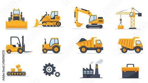 construction equipment icons set heavy machinery vehicles.