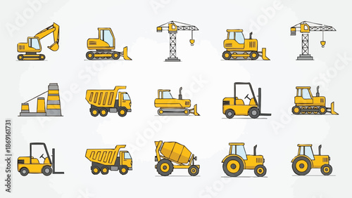 Set of Yellow Construction Vehicles and Equipment.