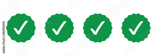 Green starburst set with a white checkmark symbol used for verification, success, completion or verified status.
