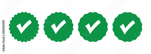 Green starburst set with a white checkmark symbol used for verification, success, completion or verified status.