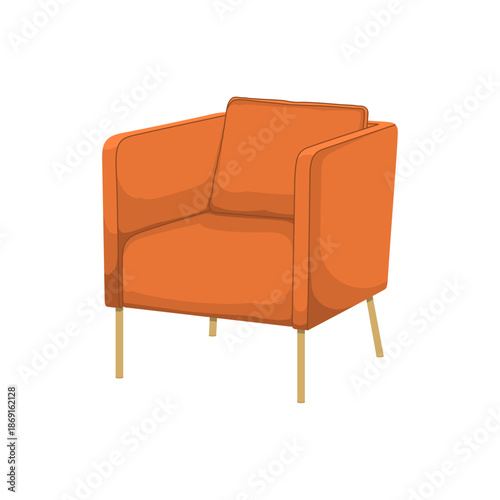 Modern orange armchair illustration isolated on white background. Cozy upholstered lounge chair for interior design concepts, furniture catalogs, home decor visuals, and modern living room projects.
