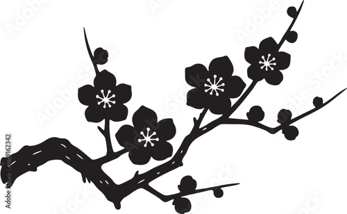Plum Blossom Branch Silhouette Illustration Minimal Black Ink Graphic Isolated for Logo Design