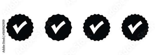 Black star burst check mark icon set. Check mark vector icon. Checkmark illustration. Vector symbols set, Black star burst checkmark isolated on white background.