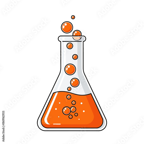 Orange Liquid Bubbling in Erlenmeyer Flask, Science Experiment, Chemical Reaction