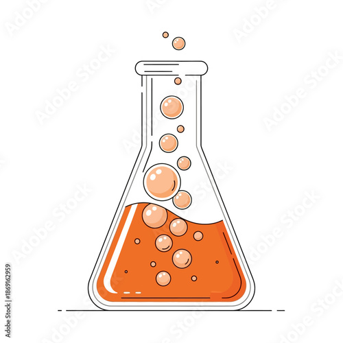 Laboratory flask with orange liquid and bubbles, science experiment, chemistry research, clean vector illustration