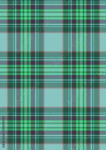 Seamless green plaid fabric texture featuring a traditional scottish tartan design with a checkered geometric vector pattern and blue line ornaments for a decorative material backdrop