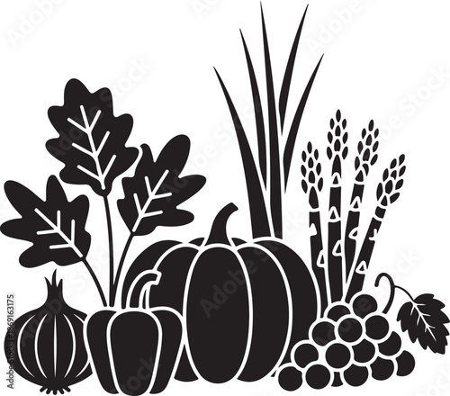 Autumn Harvest Silhouette with Pumpkins and Vegetables