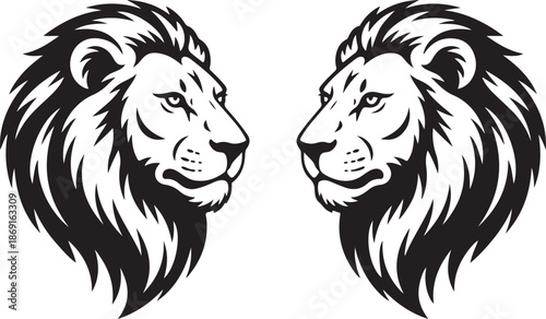 Lion heads facing each other in black and white illustration