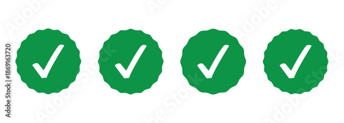 Green color vector starburst badge with a white checkmark. Check mark icon set  perfect to used for approval, confirmation, or a verified status.