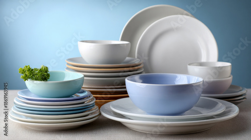 A stack of colorful plates and bowls on a dining table against a pastel blue background