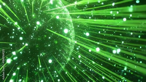 Glowing Green Digital Sphere Emitting Flowing Particle Streams in Futuristic Space Environment