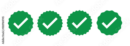Green color check mark star burst with white tick symbol for Verification, approval, achievement and other design elements.