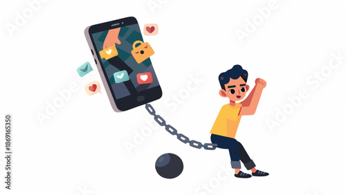Man breaking free from smartphone addiction with chain and ball