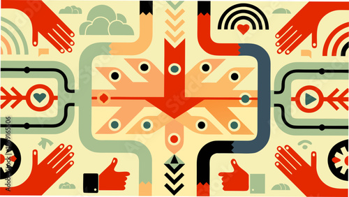 Vibrant abstract illustration with hands and symbols