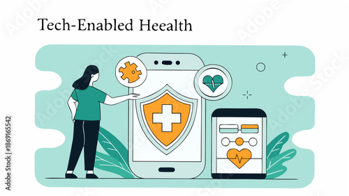 Modern woman interacting with tech-enabled healthcare services on mobile devices