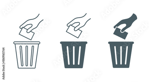 Three vector icons depicting hands throwing medication bottles and pills into trash bins, demonstrating proper pharmaceutical disposal, safety, hygiene, and responsible drug management for educational
