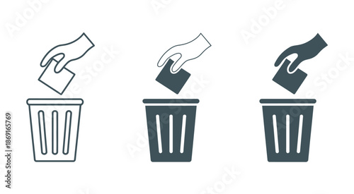 Three icons showing hands discarding medication bottles and pills into trash cans, vector illustrations illustrating proper disposal methods, safe drug handling, hygiene