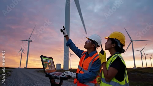 Renewable Energy Assessment: Two engineers collaborate at a wind farm, assessing the structures and reviewing data in pursuit of sustainable energy solutions. 
