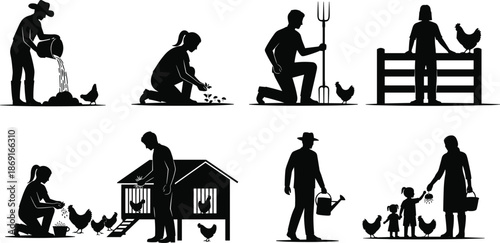 Rural farming silhouettes set illustrating family agriculture activities, chicken care, poultry feeding, gardening, livestock management, and traditional countryside farm life