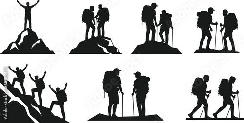 Mountain hiking teamwork silhouettes set showing backpackers climbing peaks, helping partners, trekking together, and celebrating outdoor adventure success moments