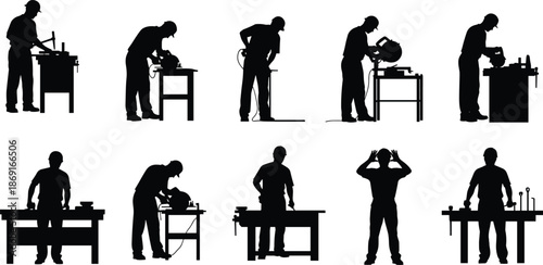 Industrial workshop silhouettes set showing craftsmen cutting metal, drilling, grinding, assembling tools, and performing professional manufacturing labor tasks