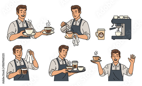 Coffee Barista at Work: A collection of illustrations showcases a skilled barista meticulously preparing various coffee beverages, from brewing to serving. 