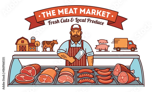 The Meat Market: A butcher stands proudly behind a display of freshly cut meats, with a sign in front and an array of animals and a truck. 