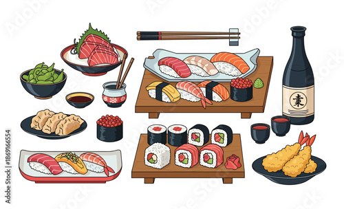 A Culinary Journey Through Japanese Cuisine: An exquisite array of sushi and traditional delicacies, embodying the artistry and flavors of Japan, meticulously arranged to tantalize the senses.