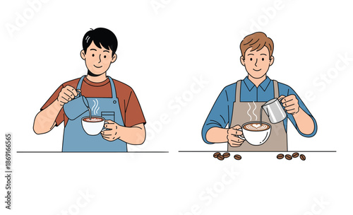 Crafting Coffee Delights: Two skilled baristas diligently pour steaming milk into cups of coffee, showcasing precision and artistry in their craft.