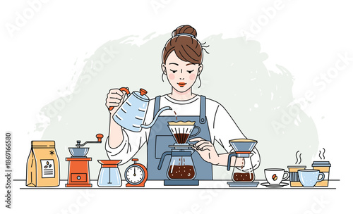 Artisanal Coffee Ritual: A barista meticulously pours hot water, crafting a perfect cup within a cozy coffeehouse setting, surrounded by the aromatic tools of her trade.