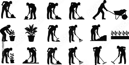 Gardening silhouettes set showing people digging soil, raking leaves, planting trees, pushing wheelbarrows, and performing outdoor yard maintenance work