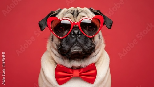 Charming pug dog wearing red heart shaped glasses and a bow tie against a vibrant red background