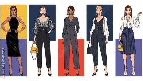 Fashionable women in stylish business outfits and accessories