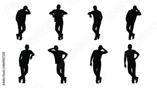 Silhouettes of people in various poses against a simple white background