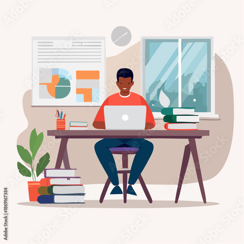 Focused person working from home on a laptop. Sitting at a desk with books, looking at a rainy window, symbolizing dedicated remote work and study