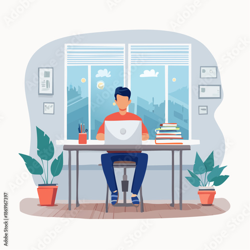 Man working on laptop at home office desk overlooking city night. Concept of remote work, freelance, and productive hours in a comfortable environment