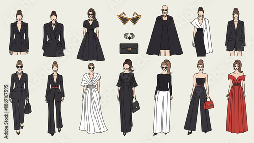 Fashionable women in stylish outfits and accessories on cream background