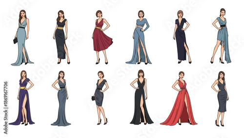 Elegant women in various stylish evening gowns and formal dresses