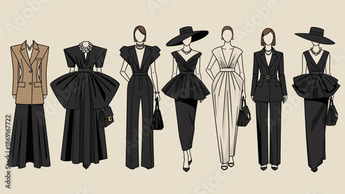 Elegant fashion illustrations of women in stylish modern outfits