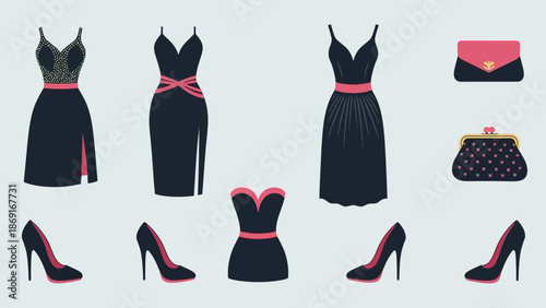 Elegant black and pink women's fashion accessories and dresses