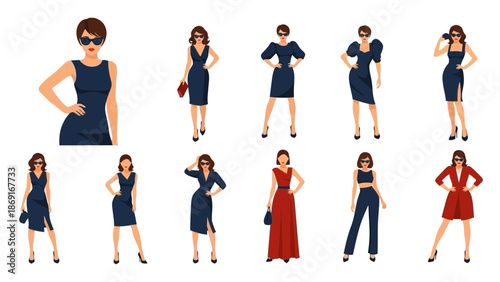 Fashionable women in stylish dresses and outfits posing confidently