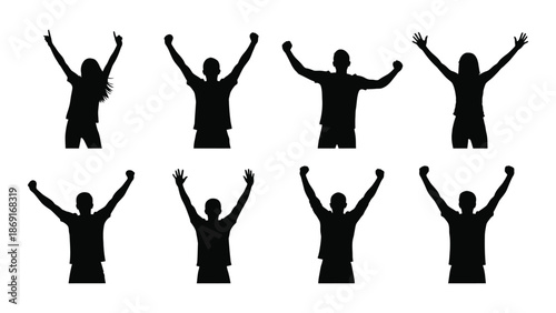 Silhouettes of people with arms raised in a celebratory or worshipful pose