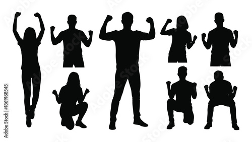 Silhouettes of people in various active and celebratory poses black and white
