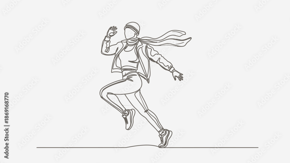 Fototapeta premium Continuous line drawing of a woman running in winter clothes