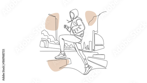 Continuous line drawing of a person running up stairs outdoors, fitness concept